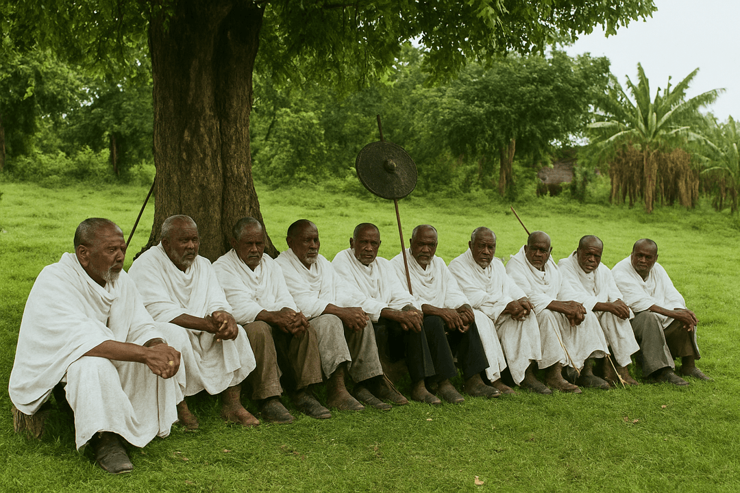 Respected Ethiopian elders (Shimagiles) in traditional dress leading arbitration